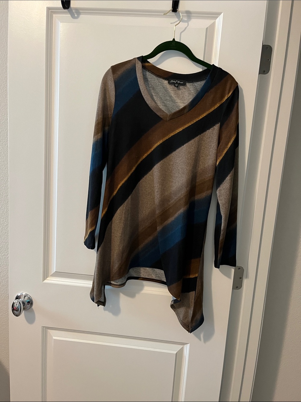 Slinky Brand Brown Black Blue Diagonal Stripe V-Neck Tunic